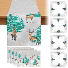 Phestival All-in-1 Christmas Table Runner Set, Christmas Runner for Table [13x72 Inch] Holiday Table Runners - Xmas Table Runner Decorations for Indoor Kitchen Dinning [Forest and Reindeer] (9-in-1)