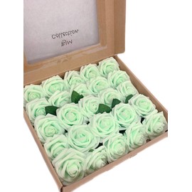 BJM Collection Artificial Flowers 25pcs Fake Rose Latex Foam with Stem Wedding Bouquets Centerpieces Bridal Shower Party Decoration (Mint)
