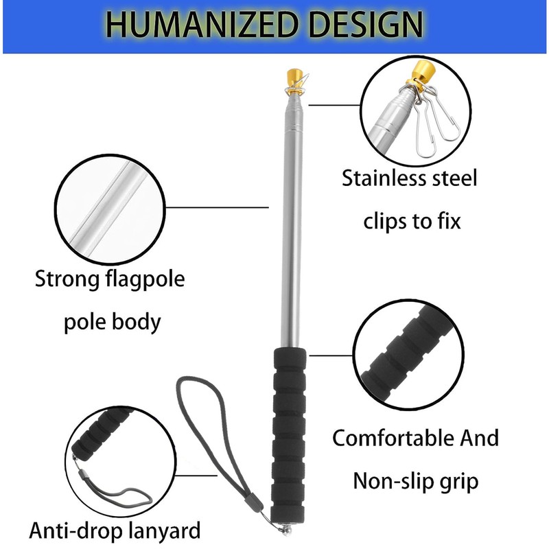 Difounmas 3 Metre Telescopic Flagpole Set, Handheld Telescopic Flagpole, Blue