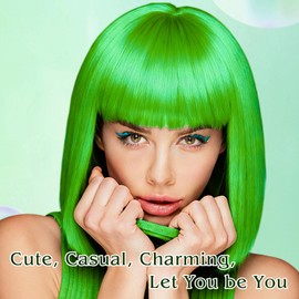 Grass Green Bob Wig with Bangs, Short Straight Bob Wig with Heart Sunglasses 12 Inch Shoulder Length Heat Resistant Synthetic Hair for Women Natural Look Daily Cosplay Halloween Costume Party