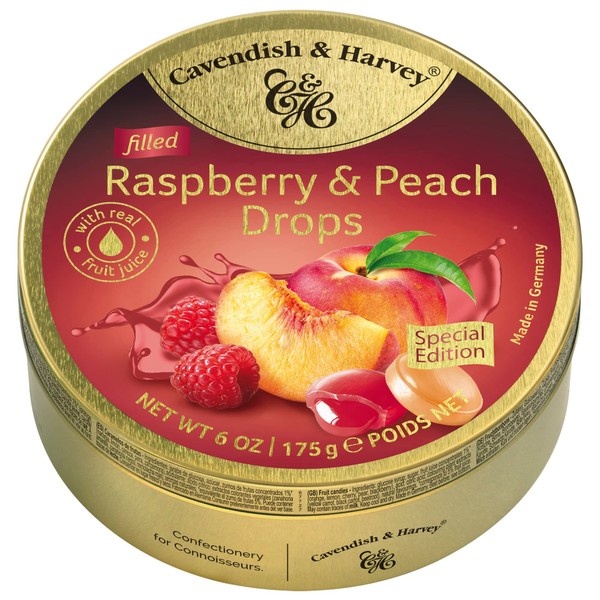Cavendish & Harvey | Raspberry & Peach Filled Hard Candy Drops | 6 Ounce Tin