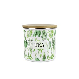 Purely Home Kitchen Herbs Tea Storage Canister - White & Green Leaf Metal Enamel Medium Sized Food Storage Container