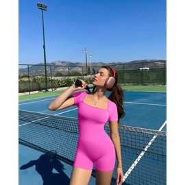 OQQ Women's Short Sleeve Rompers Stretch Yoga Square Neck Sexy Rompers Rose