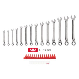 TEKTON Reversible 12-Point Ratcheting Combination Wrench Set with Modular Slotted Organizer, 14-Piece (6-19 mm) | WRC94302