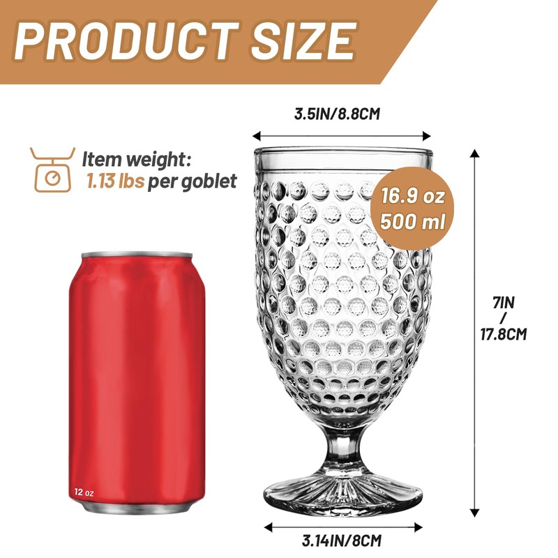 Wongblee Hobnail Glass Goblets 16.9 Oz, Stemmed Water Glasses, Iced