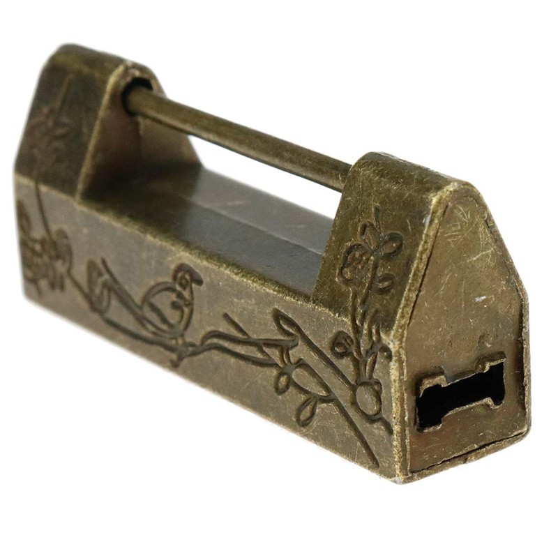 Quluxe Antique Chinese Lock and Key, Flower Bird Carved Retro