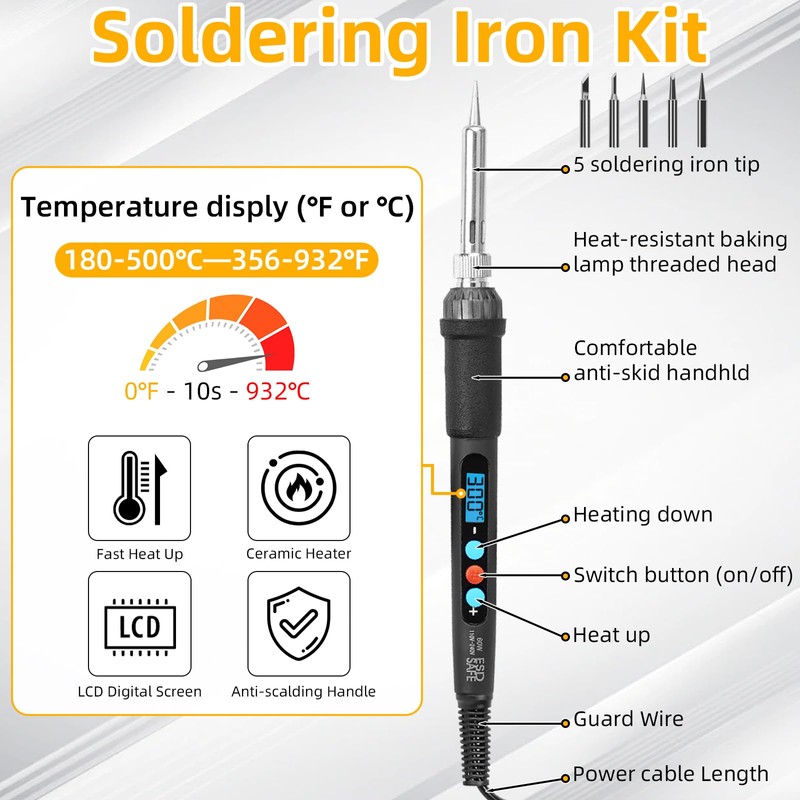Soldering Iron Set, 60 W LCD Soldering Iron Adjustable Temperature