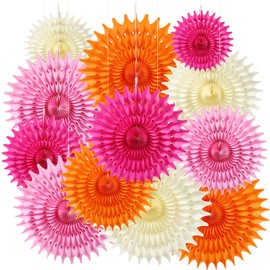 BestoFun 12PCS Paper Fans Hot Pink and Orange Party Decorations Tissue Paper Flowers Decorations for Girl Groovy Birthday Baby Shower Wedding Bachelorette Room Wall Hanging Décor