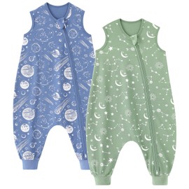 Unnivoll Baby Sleeping Bag with Feet, 0.5 Tog, Sleeping Bag, Baby Summer, Pack of 2, Cotton Sleeping Bag with Legs, Baby Sleeping Bag, Soft, 80 cm for Boys and Girls, Blue Green Constellation