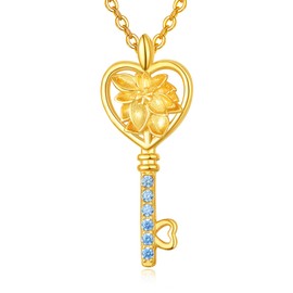 TANGPOET December Birth Flower Necklace with Blue Topaz Birthstone for Women Girls 925 Sterling Silver Key to Her Heart Pendant Poinsettia Jewellery Birthday Gifts for Her