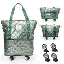 Expandable Duffel Bag Rolling Mommy Bag with Detachable Wheels Travel Luggage Bag Convertible Gym Bag Travel Bag Large Weekend Bag for Women (Light Green)