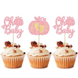 24 piezas de decoración de calabaza, oh para bebé, con purpurina, pies de bebé, calabaza, magdalenas, temática de otoño, baby shower, niños, fiesta de cumpleaños, decoración de pasteles, color rosa
