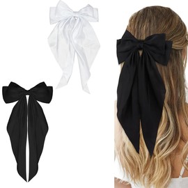 Bow Hair Clip - 2Pcs Hair Bows Barrettes - Soft Satin Silky Hair Bows - Hair Bows for Women Girls - Big Bowknot Hairpin with Long Ribbon - Silky Satin Hair Bows - Black Bow,White Bow,French Barrettes