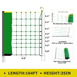 Electric Fencing Net, 35.4" H x 164' L, Portable Double Spikes Sheep Netting Fence for Dogs, Hog, Deer, Used in Backyards, Farms and Ranches