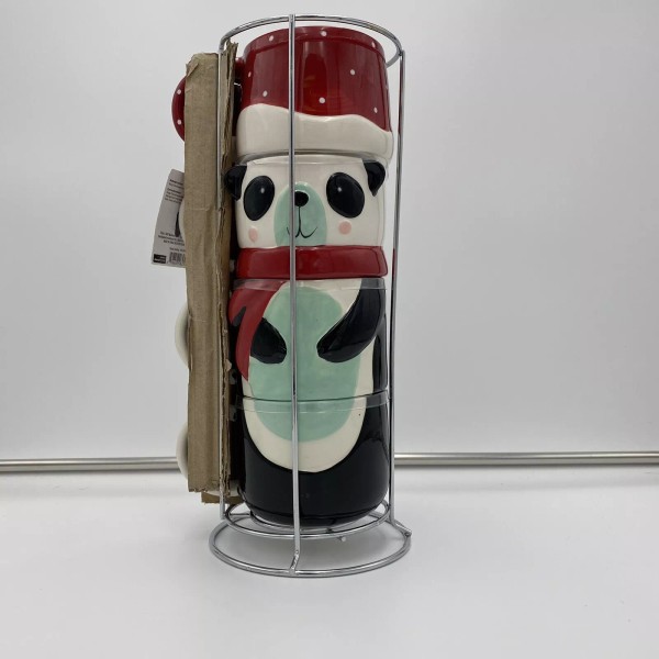 Holiday Time Christmas Panda Themed Stacking Mugs With Wire Rack