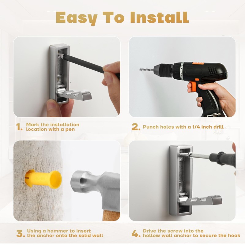 VOSEPO Folding Wall Hook, 4Pcs Foldable Coat Hooks Mounted, Heavy