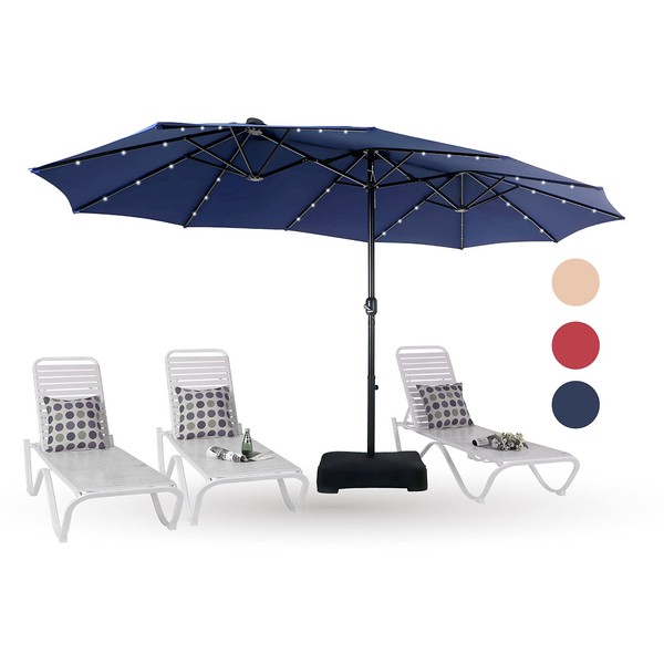 PHI VILLA 15ft Large Patio Umbrella with Solar Lights, Double-Sided Outdoor Market Rectangle Umbrellas with 36 LED Lights, Umbrella Base (Stand) Included, Navy Blue