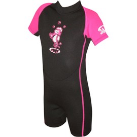 TWF KIDS SHORTY WETSUIT SHORTIE CHILDS CHILDRENS BOYS GIRLS UV SWIM SUN WET SUIT PIRATE SEAHORSE (Pink Seahorse, 3-4 Years)