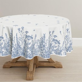 Horaldaily Spring Summer Tablecloth 70×70 Inch Round, Wild Flowers Floral Blue Washable Seasonal Table Cover for Party Picnic Dinner Decor