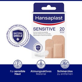 Hansaplast Sensitive Skin Tone Plasters Light (20 Strips), Skin-Friendly and Hypoallergenic Wound Plasters with Bacteria Shield & Secure Adhesion, Painless to Remove Plasters