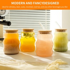 KEMORELA Ribbed Drinking Glass Cups With Straws With Lids Set, Water Glasses Set Of 4, Wave Bubble Glasses, 18 oz Aesthetic Iced Coffee Glasses, Ripple Drink Cups for Iced Coffee, Juice, Beer