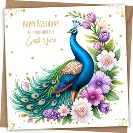 Beautiful Great Niece Birthday Card - Elegant Peacock Floral Birthday Cards for Great Niece bday