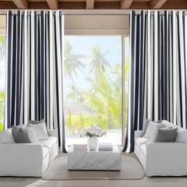 HPD Half Price Drapes Villanova Striped Grommet Outdoor Curtains for Patio (1 Panel) - UV & Water Resistant Light Filtering 200 GSM Polyester Curtains - 50W x 84L, Nautical Navy Blue Stripe