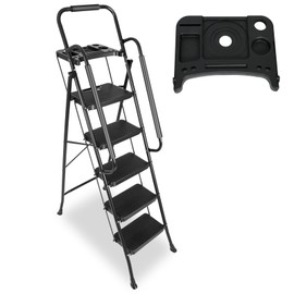 5 Step Ladder with Handrails & Tool Tray Platform, 330 lbs Folding Step Stool Ladder, Portable Steel Ladder for Kitchen Pantry Home Office Library, Black
