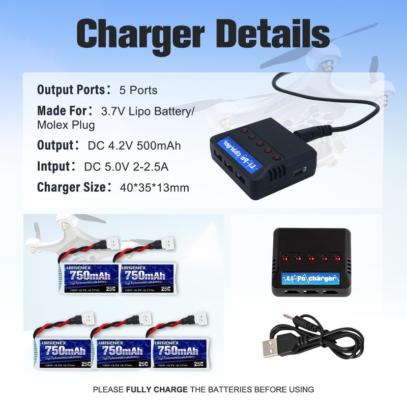 URGENEX RC Drone Battery 3.7V 750mAh 25C Lipo Battery with