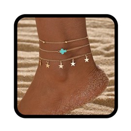 Handcess Boho Anklet Layered Gold Star Foot Jewelry Beads for Women and Girls