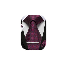 HISDERN Men's Wedding Ties and Pocket Square Tie Plaid Cufflink Tie Clip Set, darkred