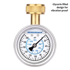 MEASUREMAN 2-1/2" Glycerin Filled Stainless Steel Water Pressure Test Gauge, 3/4" Female Hose Thread, 0-200 psi/kpa