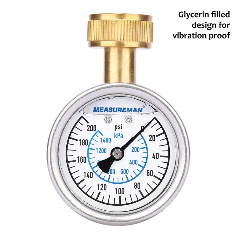 MEASUREMAN 2-1/2" Glycerin Filled Stainless Steel Water Pressure Test Gauge,