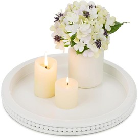 Decorative Serving Tray Wood: White Washed Bead Round Tray Decor for Coffee Table Rustic Wooden Trays Farmhouse Centerpiece for Living Room Kitchen Counter Plates Tea - Color: white