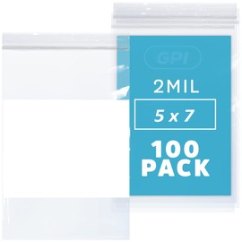 GPI Pack of 100 5" x 7" CLEAR PLASTIC RECLOSABLE ZIP BAGS - Bulk 2 mil Thick Strong & Durable Poly Baggies With Resealable Zipper Top Lock & write-on white block, for storage, packaging & shipping