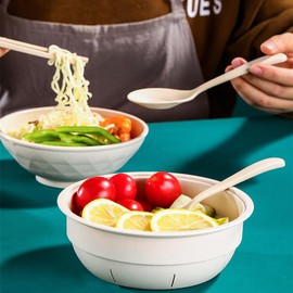 MIUVA Ramen Bowl Set,Microwave Ramen Bowl with Lid,Microwave Ramen Bowl with Strainer,Chopsticks Spoon Fork and Phone Holder,Instant Ramen Cooker for Dorm,Home (2, Beige)