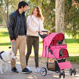 Saicool 4 Wheels Pet Stroller Dog Cat Cage Stroller - Easy to Walk Folding Travel Carrier Strolling Cart with Cup Holder, Weather Cover and Storage Basket, Pink
