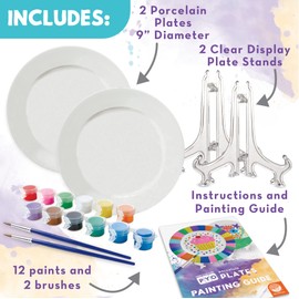 MindWare Paint Your Own Porcelain Plates - Kit Includes 2 Porcelain Plates, 12 Paints, 2 Paint Brushes, and 2 Stands