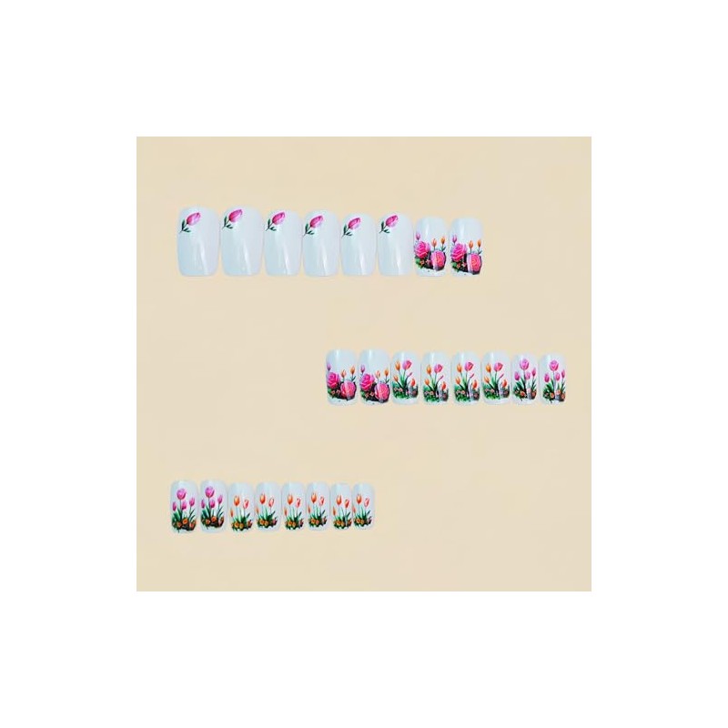 Uñas postizas cortas acrílicas con estampado de tulipanes y rosas,