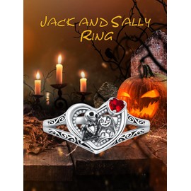 LILALO Sterling Silver Nightmare Rings for Women Jack and Sally Heart Ring with Red Zircon Jack Skellington Skull Jewelry Christmas Gifts for Women, Zircon, Zircon