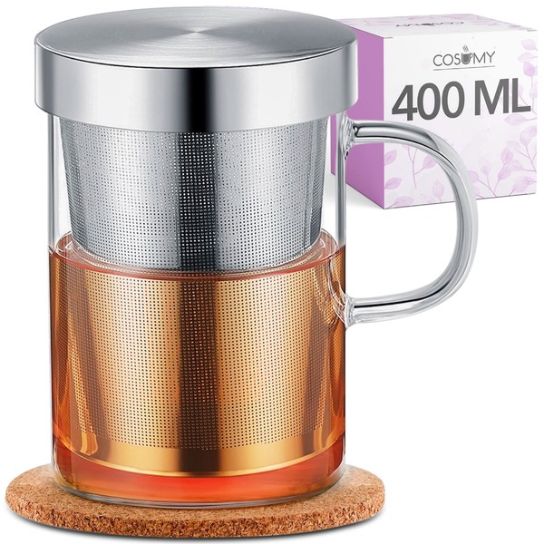 Cosumy Tea Cup with Strainer and Lid - includes Coaster - Borosilicate Glass - Cup 400 ml Large