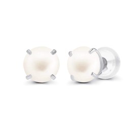14K White Gold 6mm AAAA White Freshwater Cultured Pearl Prong Set Stud Earrings For Women - June Birthstone
