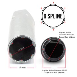 Wheel Accessories Parts Chrome 6 Point Spline Drive Tuner Socket Key Tool for 6 Spline Lug Nut 16.2mm Inner Diameter- Dual Hex Key with 19mm and 21mm (13/16)