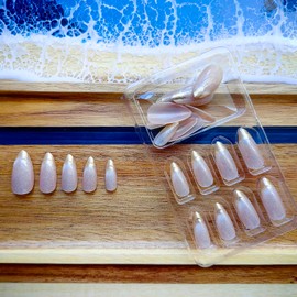 Gleamrain Medium Press on Nails Almond Shape with French Tip and Cat eye Effect Design Champagne Color False Nails, Comfortable to Press Ons, Suitable for Women and Girls for Daily Use