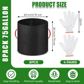 Nuenen 8 Pack Plant Grow Bags Bulk Breathable Nonwoven Fabric Pot with Handles Heavy Duty Nursery Vegetable Pots with Gloves for Garden Vegetables Potato Plants Flower Growing Planting (75 Gallon)