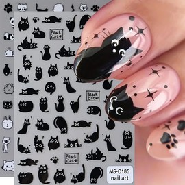 Black Cat Nail Art Stickers Decals 3D Cute Cat Nail Stickers 4PCS Kawaii Cartoon Animal Self-Adhesive Nail Decals Nail Art Supplies Cute Cartoon Manicure Sliders for Women Girls Nail Art Decorations