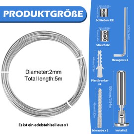 5 M Wandhalterung Satz, Einstellbar Stahlseil Gardinenseil Vorhang, Wäscheleine mit Montagehalterung Schrauben Schnallen Inbusschlüssel, Metall Vorhangdraht for Foto Draht Wäscheleine Draht Fenster
