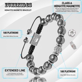 Magnetic Hematite Bracelet,Magnetic Hematite Bracelets with Silver Zirconia，8MM，Magnet Therapy Bracelets，Eliminate Static Electricity (Platinum Zirconia Stone,8MM)