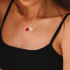 Esrial Heart Birthstone Initial Necklace for Women Girls,14K Gold Plated Heart Letter A-Z Necklace Dainty Birthday Trendy Jewelry Gifts for Women Girls Daughter(July,Initial H)