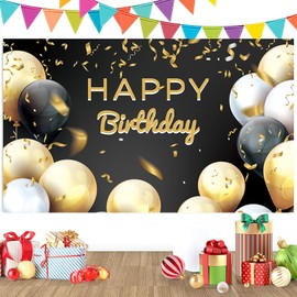 Happy Birthday Backdrop Banner Birthday Party Decoration for Men Women Black and Gold Happy Birthday Party Banner Photoshoot Photography Background